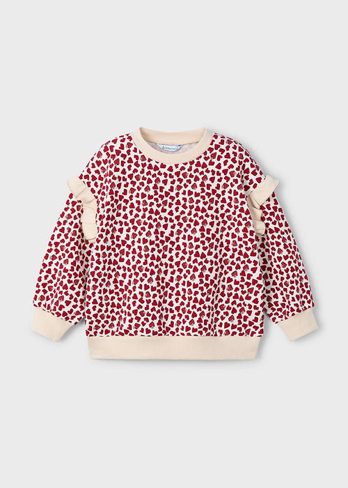 Girls Heart Print Ruffle Sleeve Pullover