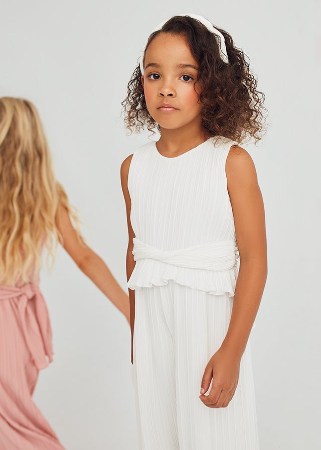 Girls Ivory Pleated Gauze Jumpsuit