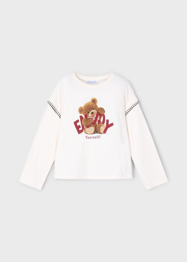 Girls Ivory Teddy Bear Long Sleeve T-Shirt