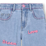 Girls Light Blue Jeans With Pink Text Embroidery