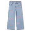 Girls Light Blue Jeans With Pink Text Embroidery