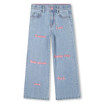 Girls Light Blue Jeans With Pink Text Embroidery