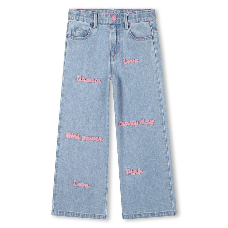 Girls Light Blue Jeans With Pink Text Embroidery