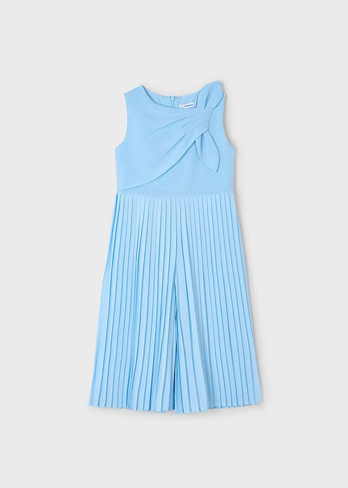 Girls Light Blue Pleated Jumpsuit with Bow Detail