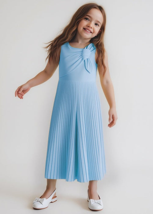 Girls Light Blue Pleated Jumpsuit with Bow Detail