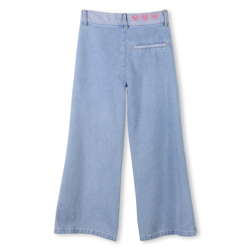 Girls Light Denim Wide - Leg Trousers with Embroidery