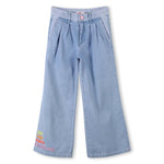 Girls Light Denim Wide - Leg Trousers with Embroidery