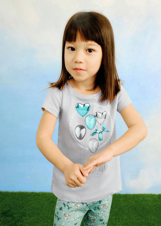 Girls Light Grey Cotton Balloon Print T-Shirt