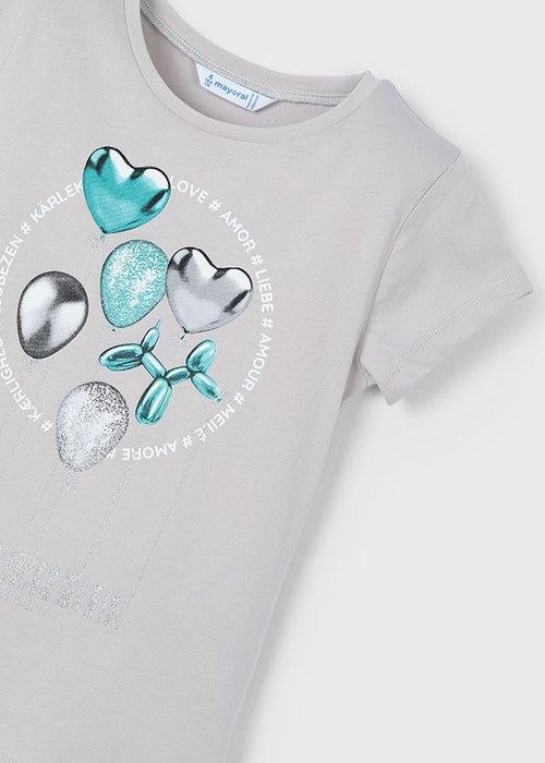 Girls Light Grey Cotton Balloon Print T-Shirt