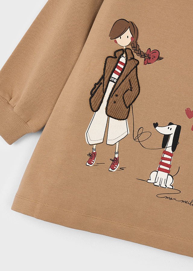 Girls Long Sleeve Dress With Dog Print