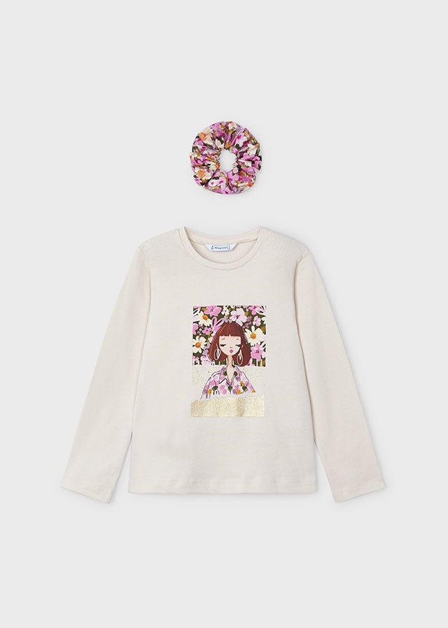 Girls' Long Sleeve T - Shirt with Floral Graphic & Scrunchie (Mayoral)