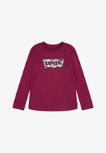 Girls Long - Sleeve Tee in Plum Red with Floral Logo