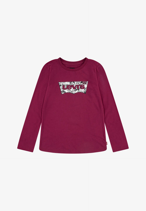 Girls Long - Sleeve Tee in Plum Red with Floral Logo