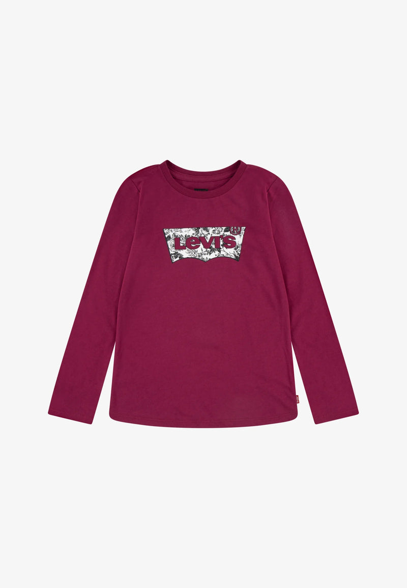 Girls Long - Sleeve Tee in Plum Red with Floral Logo