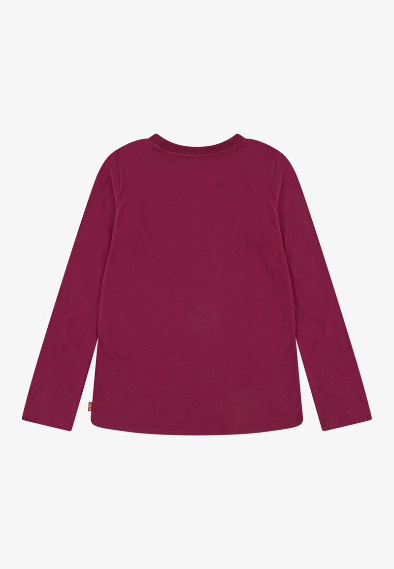 Girls Long - Sleeve Tee in Plum Red with Floral Logo