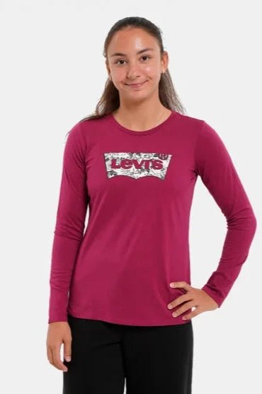 Girls Long - Sleeve Tee in Plum Red with Floral Logo