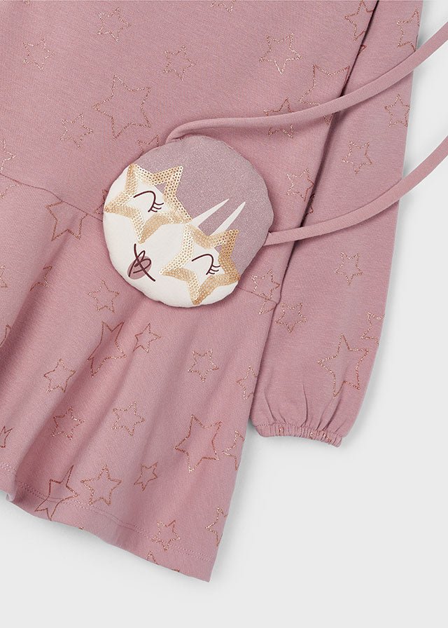 Girls Mauve Star Dress with Fox Handbag