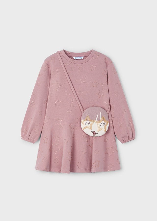 Girls Mauve Star Dress with Fox Handbag