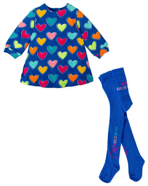 Girls Multicoloured Hearts Dress & Tights Set