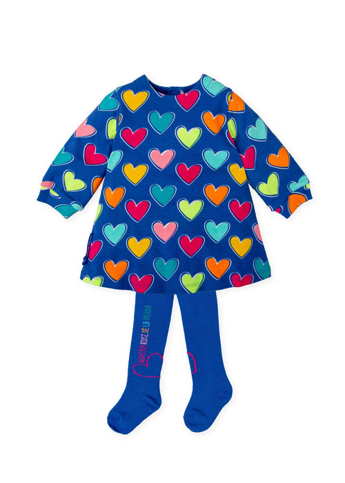 Girls Multicoloured Hearts Dress & Tights Set