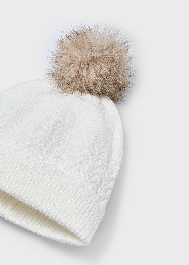 Girls Natural Knit Hat with Faux Fur Pom - Pom