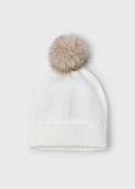 Girls Natural Knit Hat with Faux Fur Pom - Pom