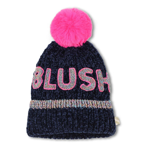 Girls Navy Chenille Hat with Pink Pom Pom