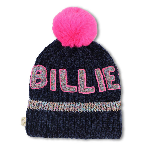 Girls Navy Chenille Hat with Pink Pom Pom
