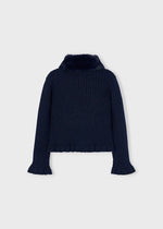 Girls Navy Faux Fur Collar Cardigan