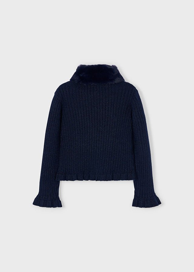 Girls Navy Faux Fur Collar Cardigan