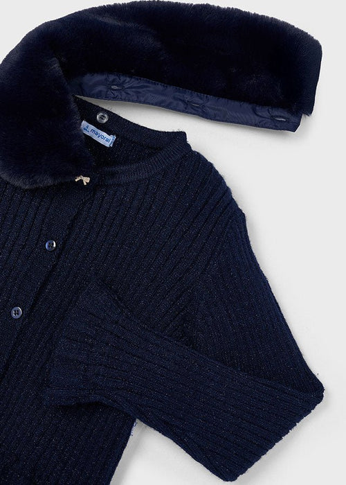Girls Navy Faux Fur Collar Cardigan