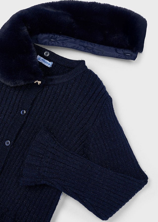Girls Navy Faux Fur Collar Cardigan