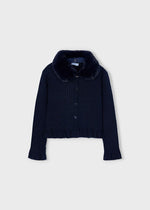 Girls Navy Faux Fur Collar Cardigan