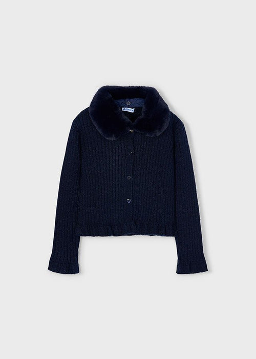 Girls Navy Faux Fur Collar Cardigan