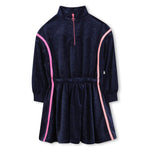 Girls Navy Glitter Velvet Dress with Pink Stripes