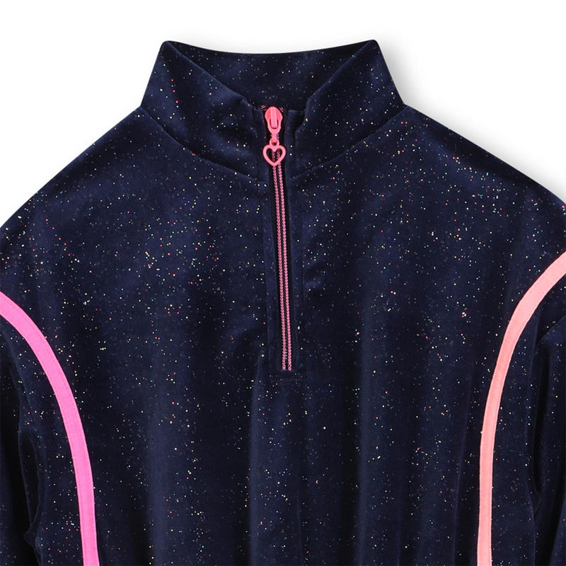 Girls Navy Glitter Velvet Dress with Pink Stripes