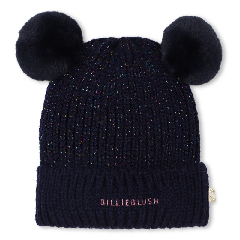 Girls Navy Hat with Double Pom Poms