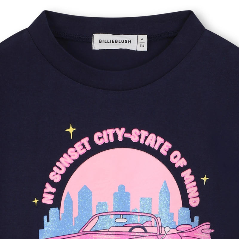 Girls Navy Long Sleeve T-Shirt With Glitter Car Print