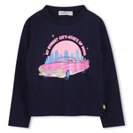 Girls Navy Long Sleeve T-Shirt With Glitter Car Print