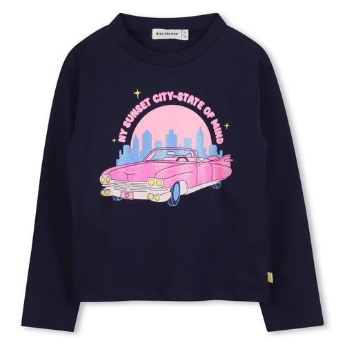 Girls Navy Long Sleeve T-Shirt With Glitter Car Print