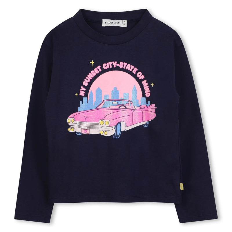Girls Navy Long Sleeve T-Shirt With Glitter Car Print