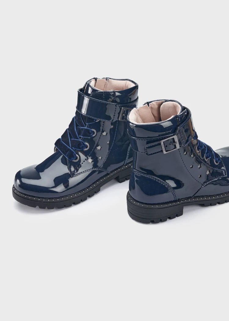 Girls Navy Patent Faux Leather Boots –