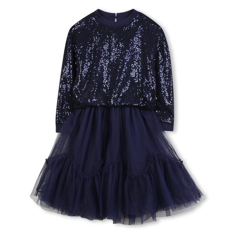Girls Navy Sequin Party Dress with Mesh Skirt