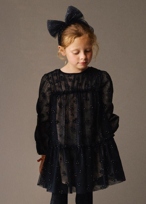 Girls Navy Tulle Dress with Floral Embroidery and Lining