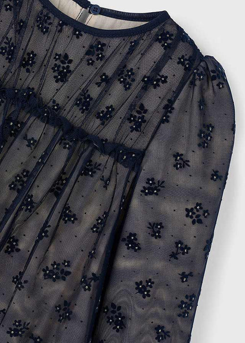 Girls Navy Tulle Dress with Floral Embroidery and Lining