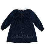 Girls Navy Velvet Smocked Dress with Collar