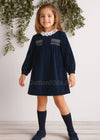 Girls Navy Velvet Smocked Dress with Collar