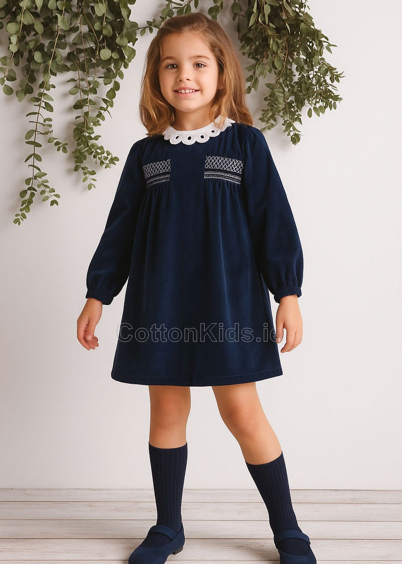 Girls Navy Velvet Smocked Dress with Collar