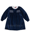 Girls Navy Velvet Smocked Dress with Collar