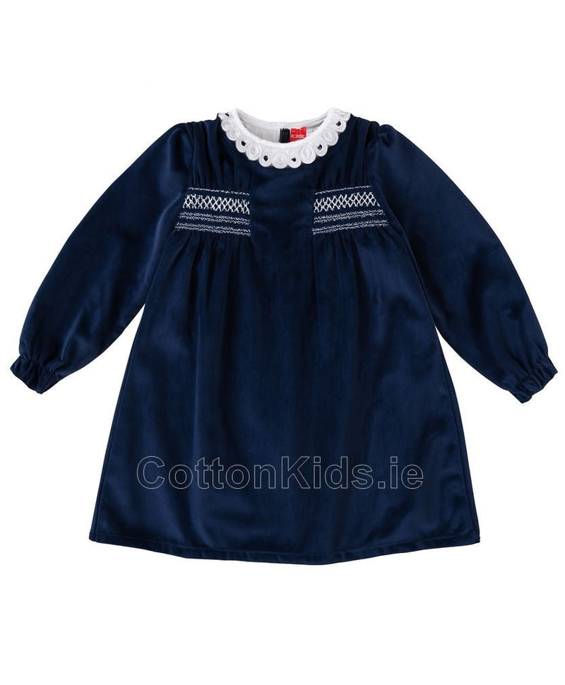 Girls Navy Velvet Smocked Dress with Collar